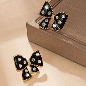 Elegant Black and Gold Bow Earrings with crystals NWT